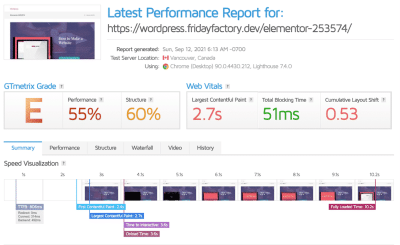 Rapporto generale con Grado E (No WP Rocket) — GTmetrix