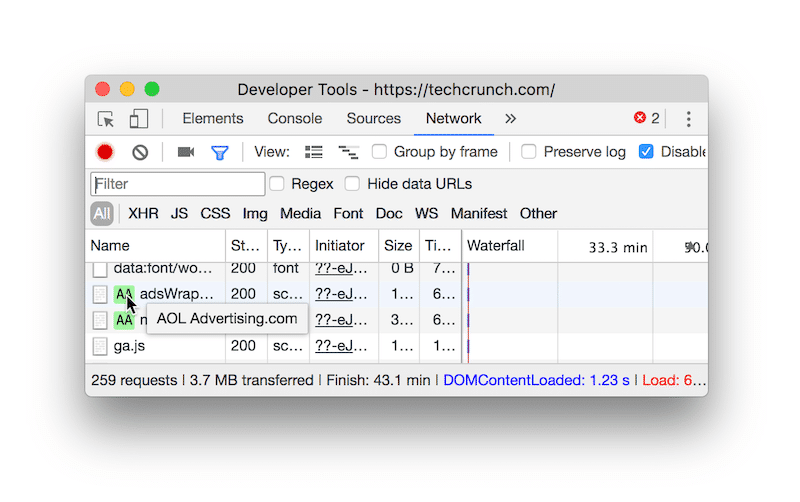 サイトの速度を低下させる外部スクリプトの特定—出典：Chrome DevTools