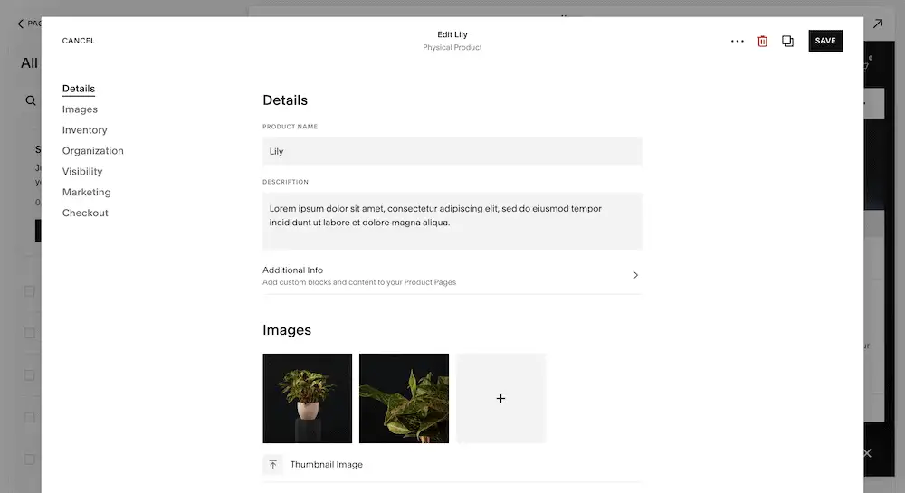 Modification d'un produit dans Squarespace.