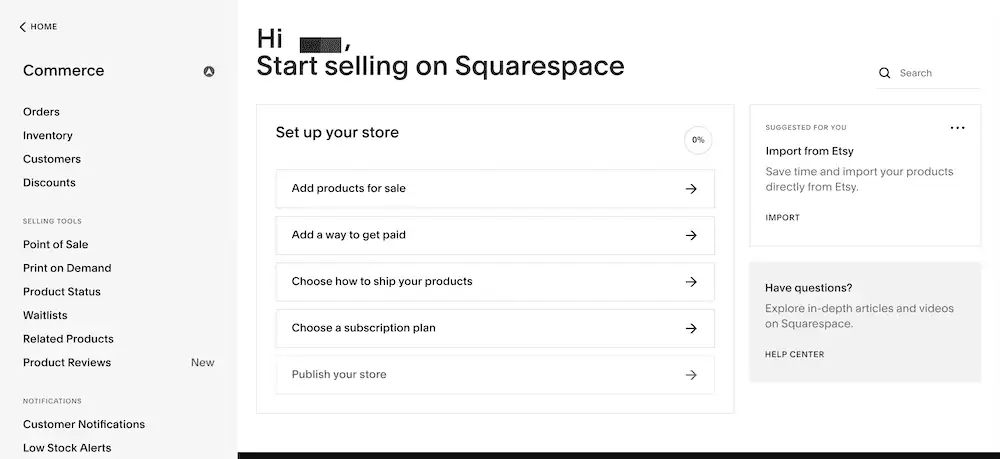 شاشات التجارة الإلكترونية في Squarespace.