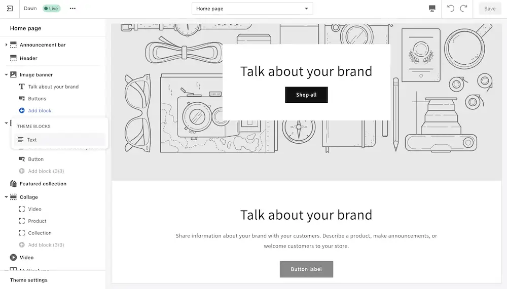 Editor visual de Shopify.