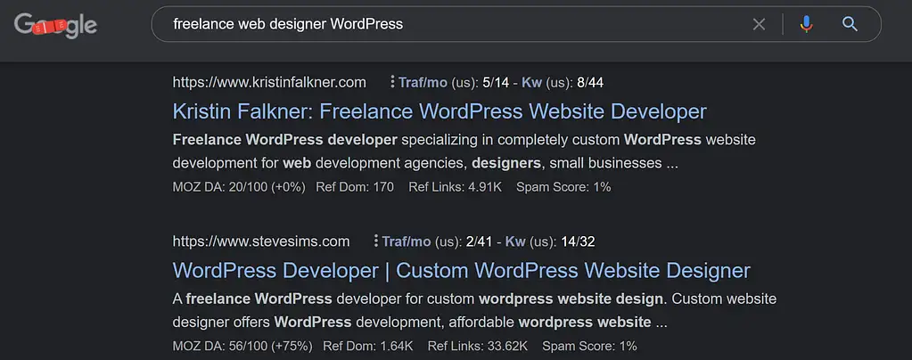 Come assumere un web designer: risultati di ricerca di Google per "web designer freelance WordPress"