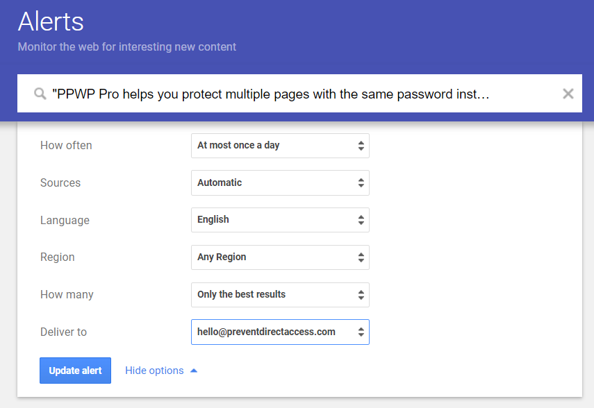 PPWP Pro : Créez des alertes Google pour trouver du contenu copié