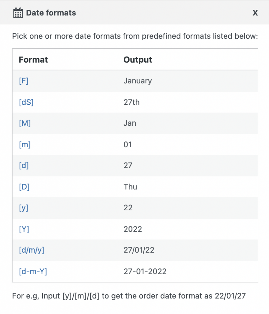 Formatos de data de número de pedido personalizado