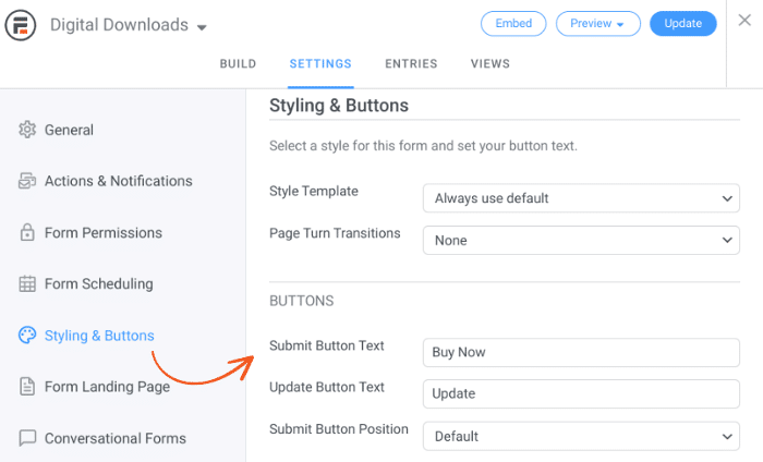 La configuración de estilo y botones para un formulario de descarga digital de WordPress con productos.