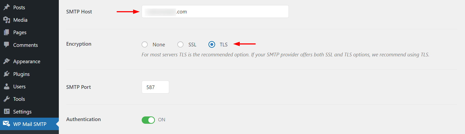 Select Host and Encryption in WP SMTP Plugin