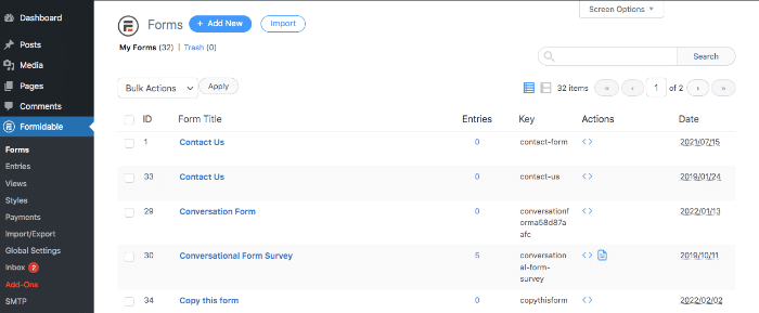 Lista de formularios para WordPress