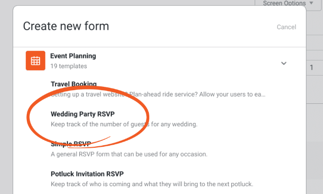 Le modèle de formulaire en ligne Wedding RSVP.