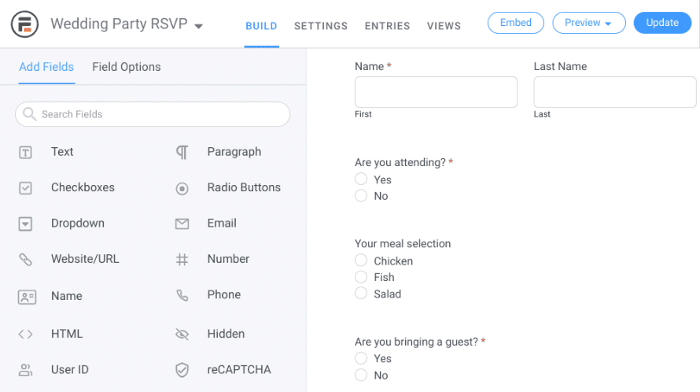 Mengedit formulir RSVP pernikahan online di Formidable Forms.