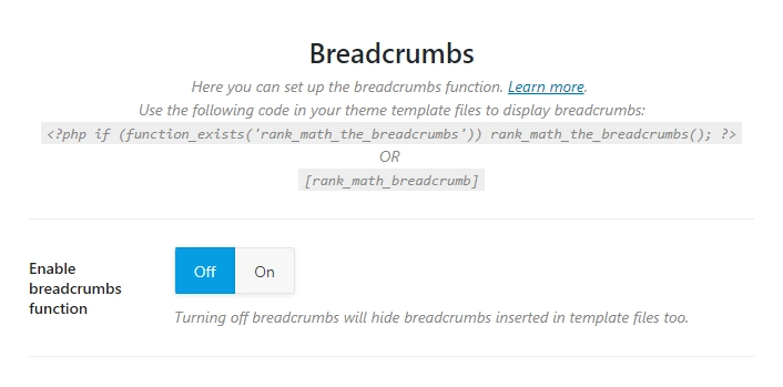 opzioni predefinite nella sezione breadcrumb