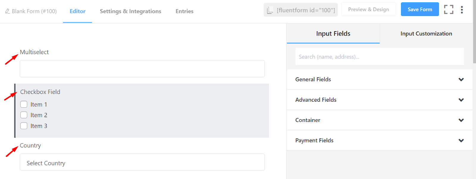 Multiple-Choice, Checkbox, Länderauswahl - Fluent Forms