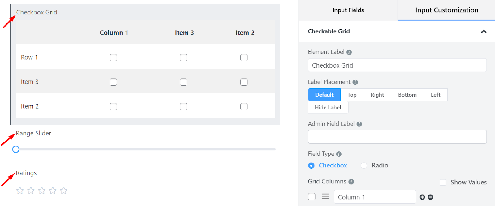 Checkbox Grid ، Range Slider ، تقييمات الاستطلاعات عبر الإنترنت