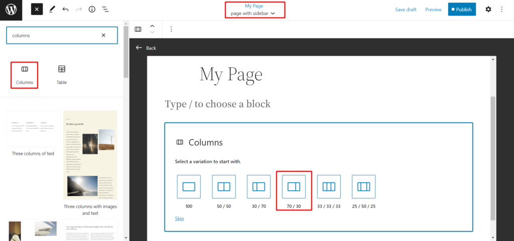 create a column for the page template