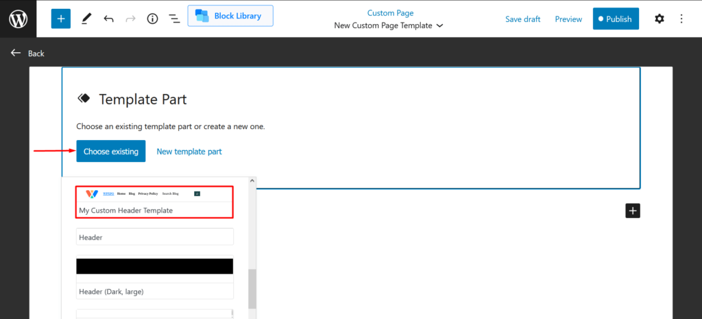 Choose header template part for custom WordPress page template