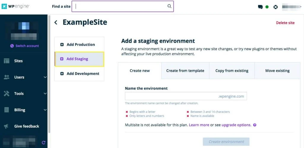 Portail utilisateur de WP Engine - environnement de staging