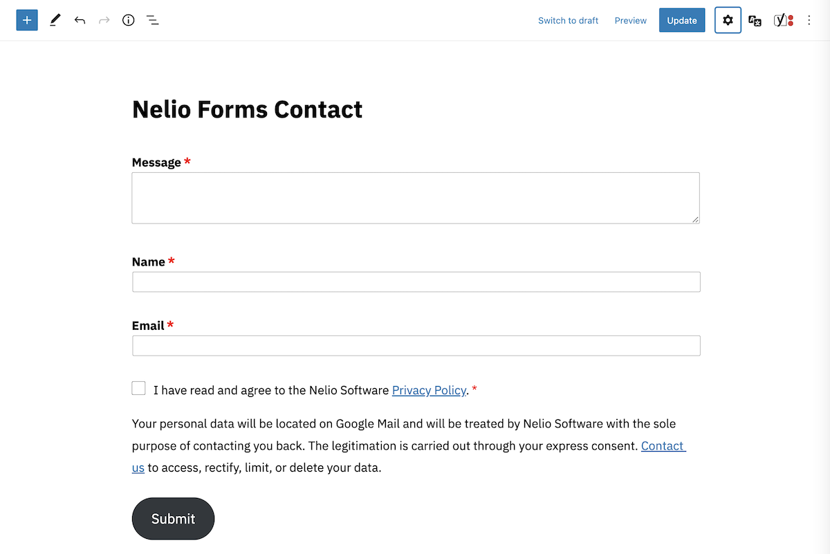 Modification du formulaire de contact Nelio Forms