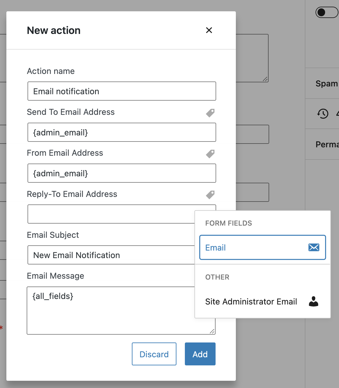 Modification de l'action d'envoi d'e-mail dans Nelio Forms