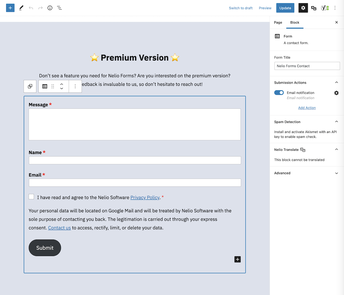 Modification de la page Nelio Forms