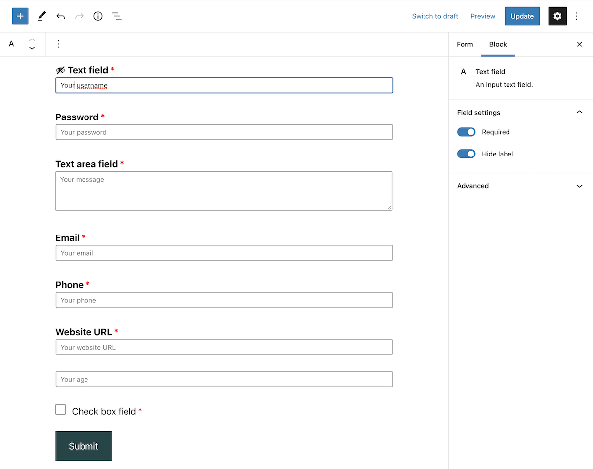 Champs d'un formulaire de contact dans Nelio Forms