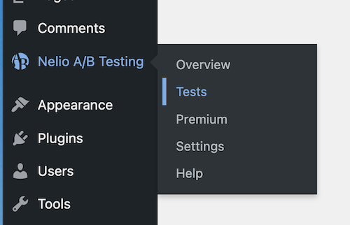 Nelio A/B 测试插件菜单选项
