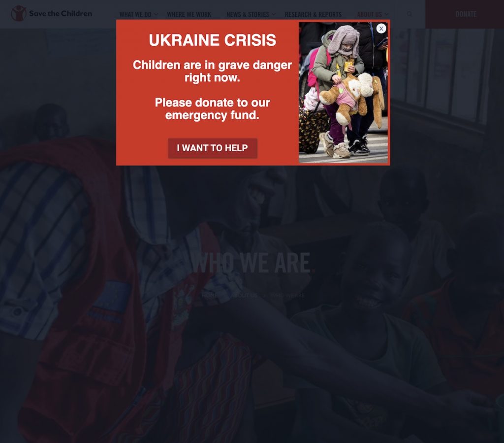 Popup affiché sur le site Web de Save The Children