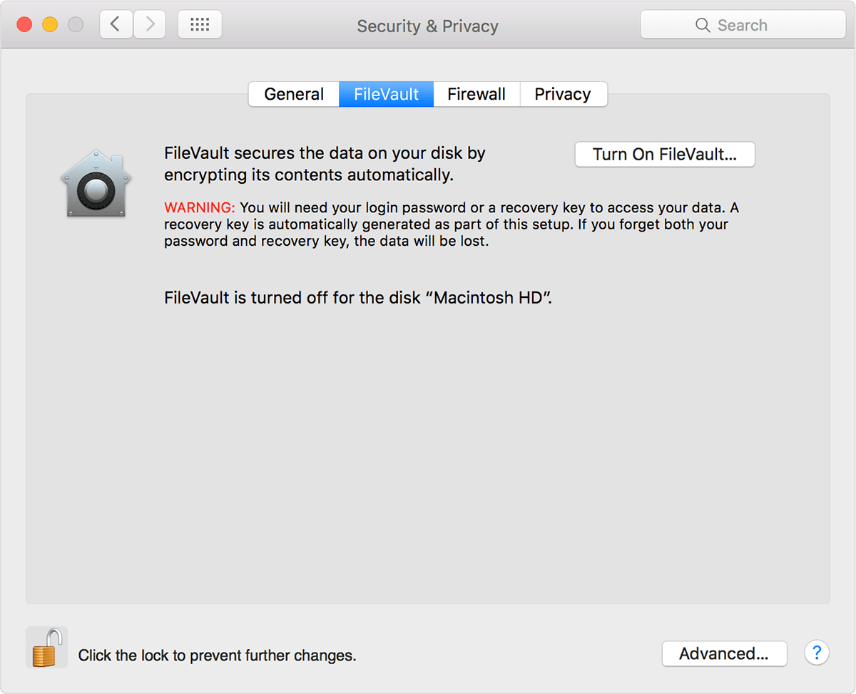 Chiffrement FileVault désactivé