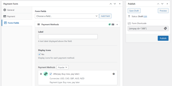 Choose Afterpay payment method and publish the form