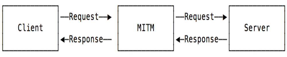 流程图显示了客户端对 MITM 的 Node.js 中间机攻击，然后是 MITM 对服务器的攻击。