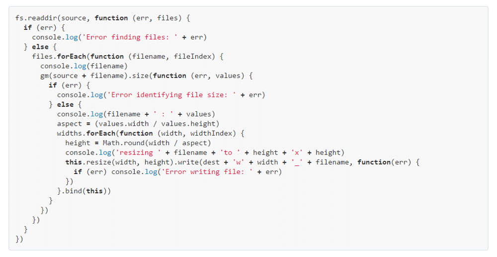 源代码中 Node.js 回调示例的屏幕截图。