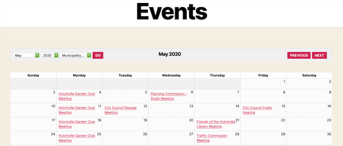 Sugar Calendar events example