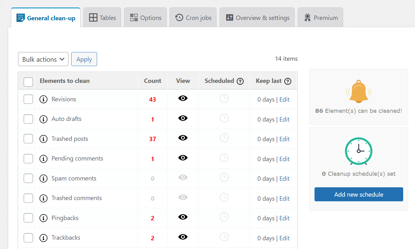 Showing the UI of Advanced Database Cleaner WordPress plugin.