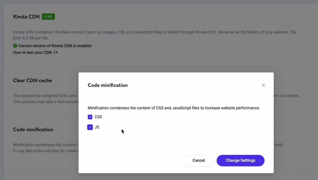 在 MyKinsta 中使用基于 Cloudflare 的代码压缩工具。