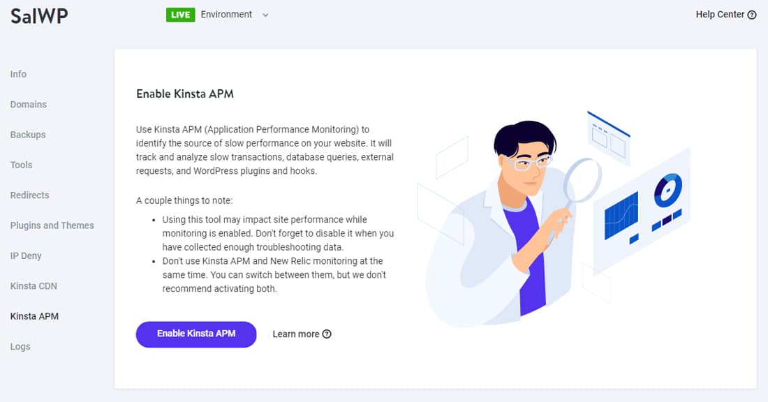 展示如何在 MyKinsta 仪表板中启用 Kinsta APM。