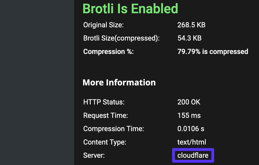 Eine partielle Gift of Speed-Ergebnisseite, die eine Asset-Last von einem Cloudflare-Server zusammen mit Metriken zum Grad der angewendeten Brotli-Komprimierung und dem HTTP-Status des Tests zeigt.