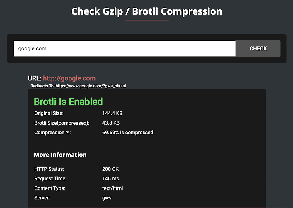 Der Gift Of Speed ​​Brotli-Checker, der zeigt, dass die Google-Website die Brotli-Komprimierung verwendet, und Messwerte wie die Seitengröße, den Prozentsatz der Komprimierung und Daten zum HTTP-Status der Website anzeigt.