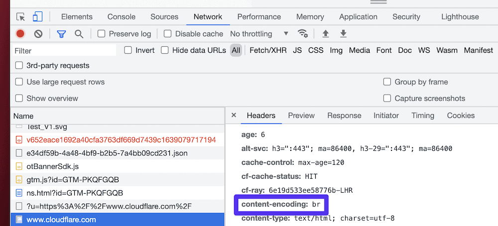 Die Entwicklungstools des Brave-Webbrowsers, die auf der linken Seite eine Liste von Assets anzeigen (mit