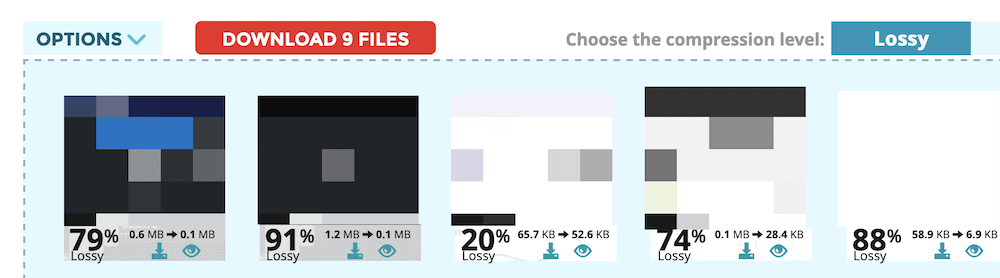 Das ShortPixel-Bildoptimierungstool, das eine Reihe von Bildminiaturansichten mit Vor- und Nachwerten für die Datenkomprimierung anzeigt. Es gibt eine rote Schaltfläche, mit der der Benutzer die Bilder als ZIP-Datei herunterladen kann.