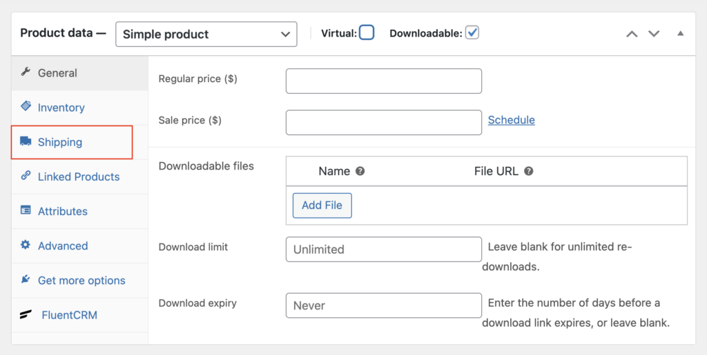 produtos para download tem opção de envio no WooCommerce