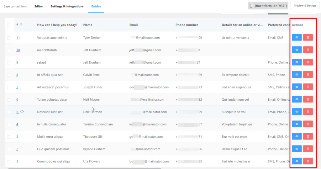 gestion des entrées - Fluent Forms