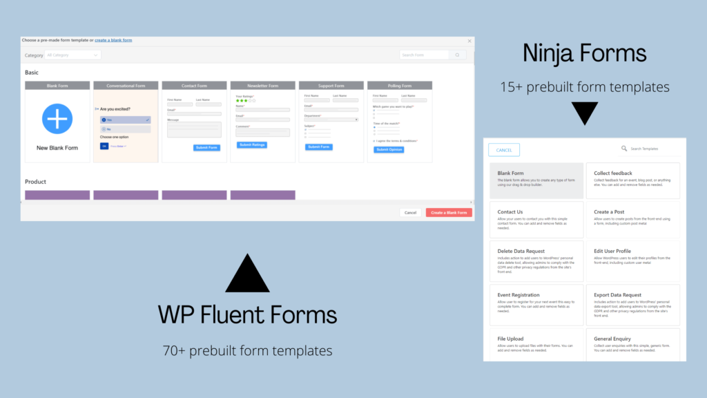 Ninja Forms vs WP Fluent Forms - modèles de formulaires prédéfinis - Comparaison des plugins de formulaire WordPress