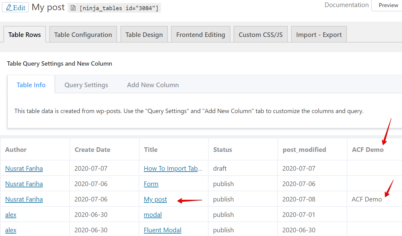 aggiungi dati alle tabelle di WordPress dai post in modi semplici