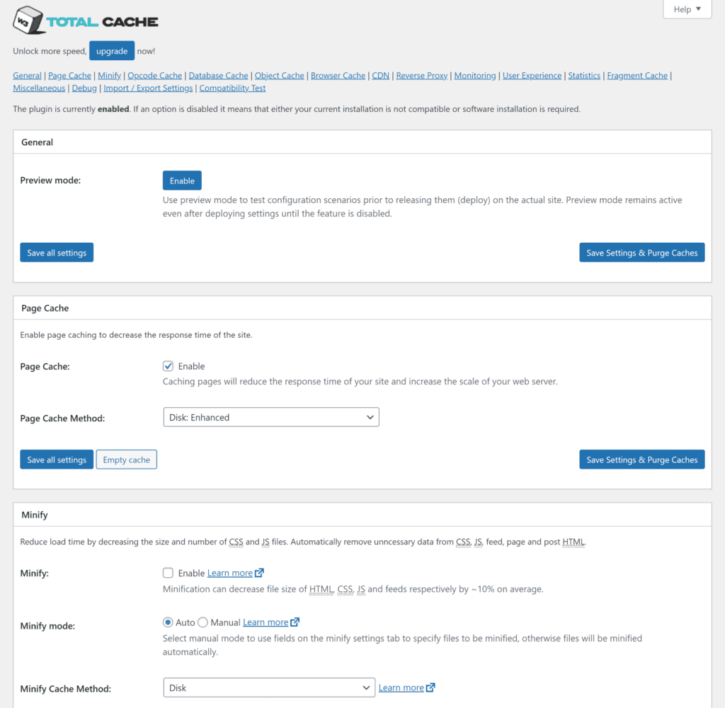 Configuración general de caché total de W3