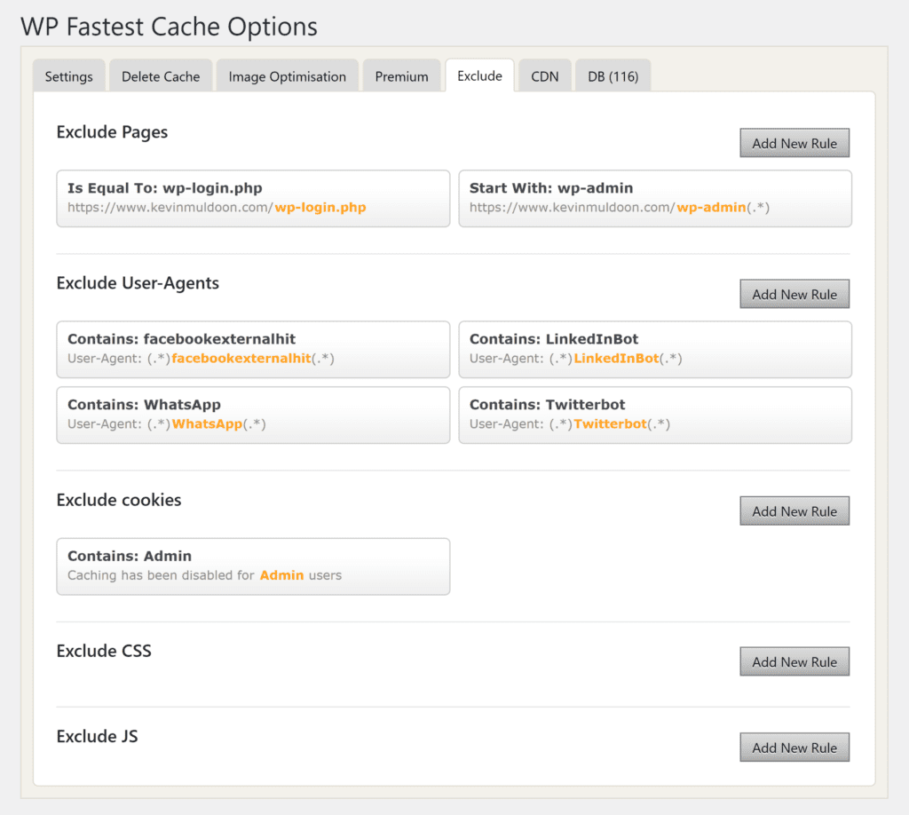 WP Fastest Cache Exclude Страница