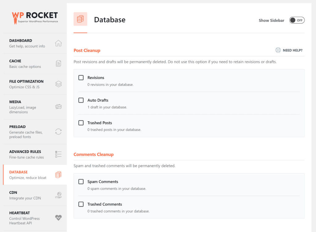 Setările bazei de date WP Rocket