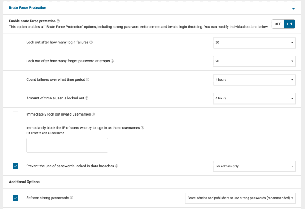 Opcje brutalnej siły Wordfence