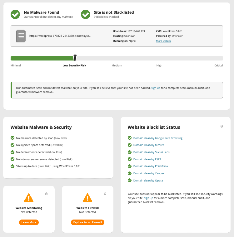 Resultados do sitecheck da Sucuri