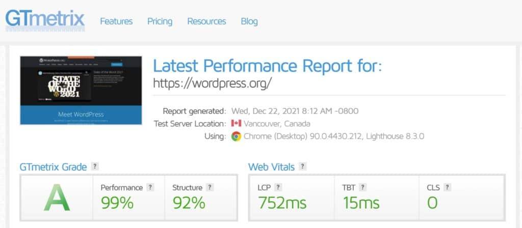 Informe de rendimiento de WordPress.org en GTmetrix