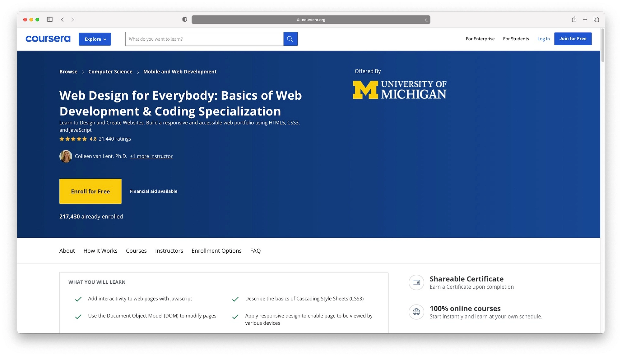 Çevrimiçi web tasarım kursları, Coursera'nın Michigan Üniversitesi'nden ücretsiz teklifinden daha ucuza gelmiyor