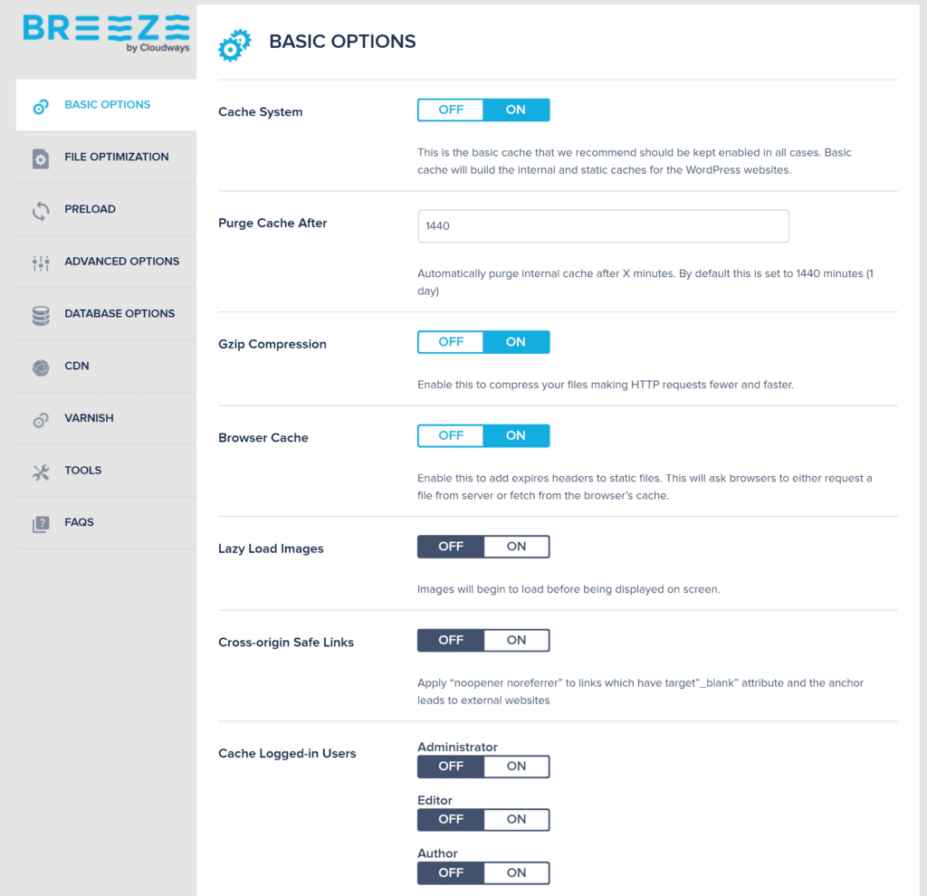 Opciones básicas de Breeze