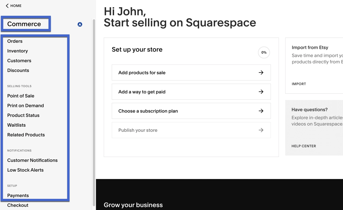 sección de comercio - Revisión de Squarespace